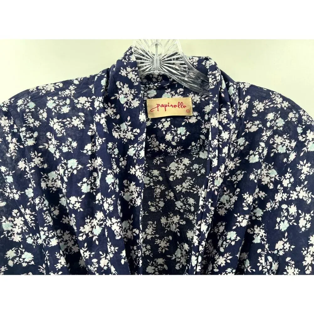 Papinelle Women's Navy Blue Cotton Floral 3/4 Sleeve Sleepwear Robe Size Small